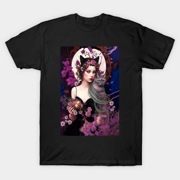 Spellbinding Art of a Beautiful Witch and her Cat is just Enchanting. T-Shirt by ZiolaRosa